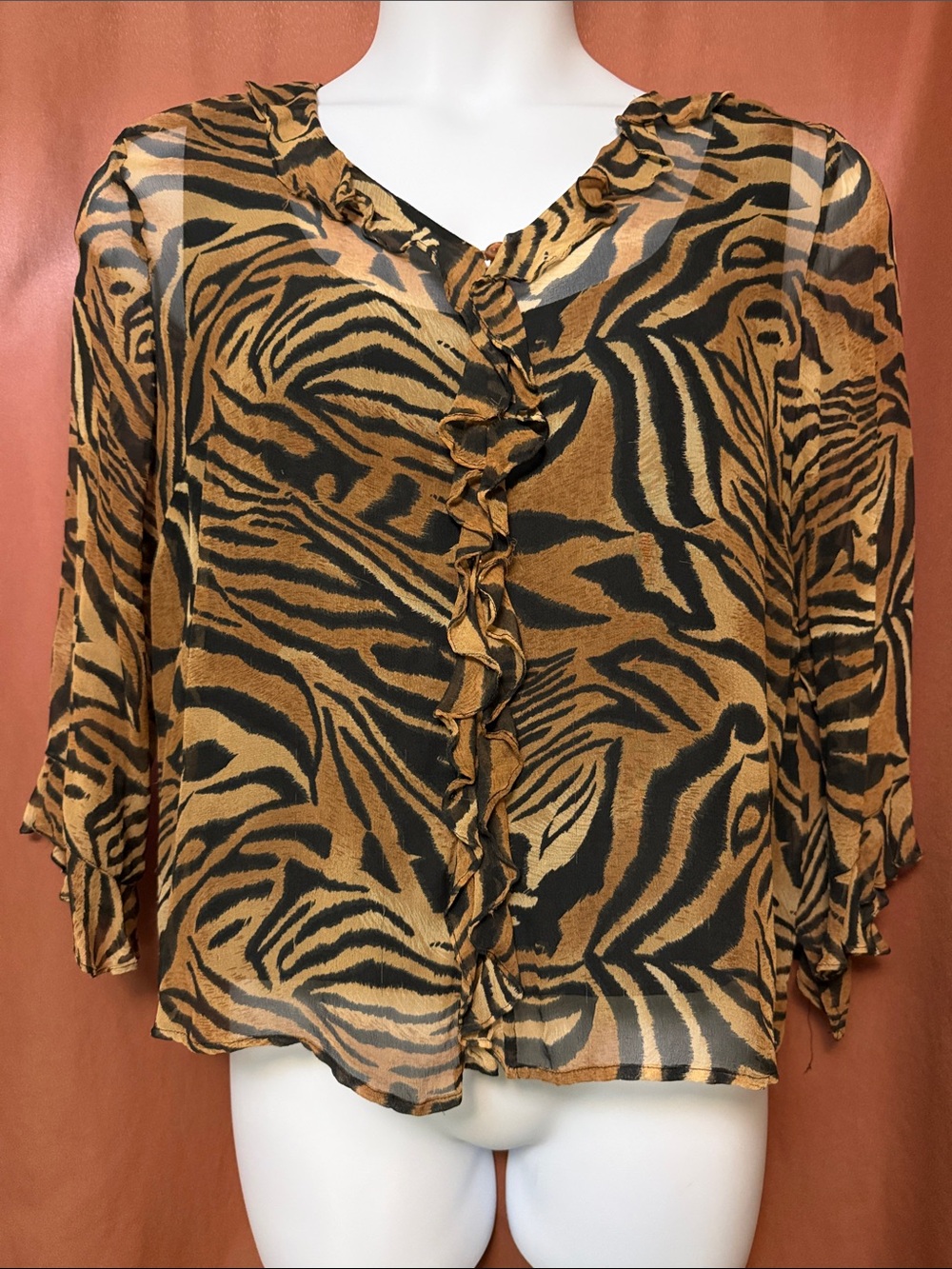 Ruffled V-Neck Zebra-Print Blouse - Black & Brown